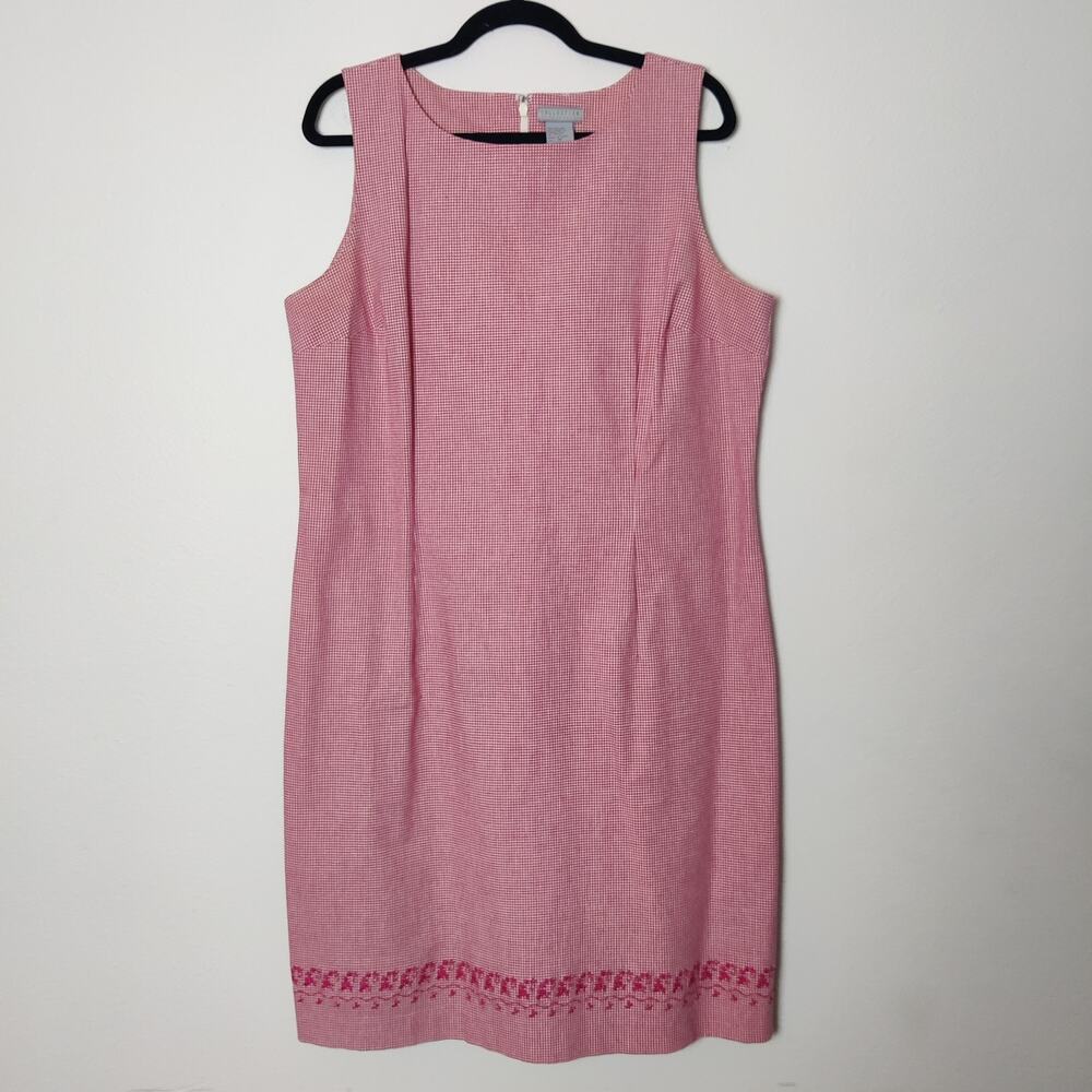 Vintage 90s Cherokee Red Gingham Cotton Embroidered Sheath Midi Sun Dress 18